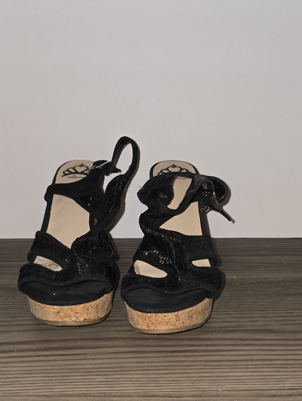 Fergalicious Black Lace Wedge Sandals with Cork Platform #116